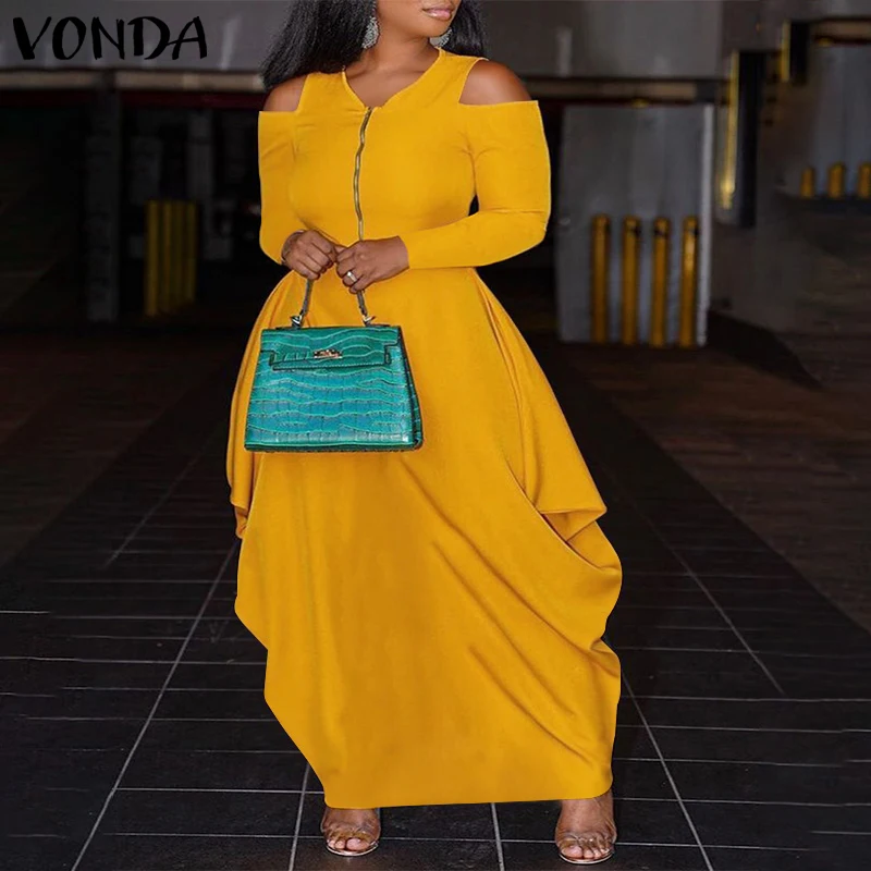 VONDA 2021 Women Elegant Dress Ladies Office Long Maxi Dress V Neck