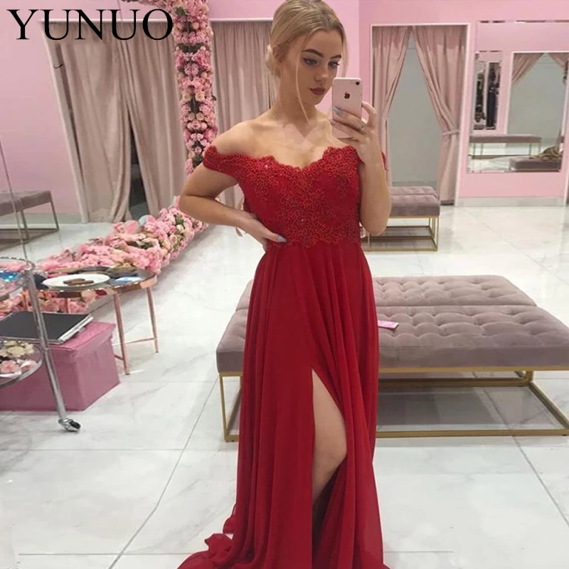 

YuNuo Off Shoulder Evening Dresses Appliques A Line Chiffon Side Split Long Ceremony Dress 2019 Formal Prom Party Gowns N83