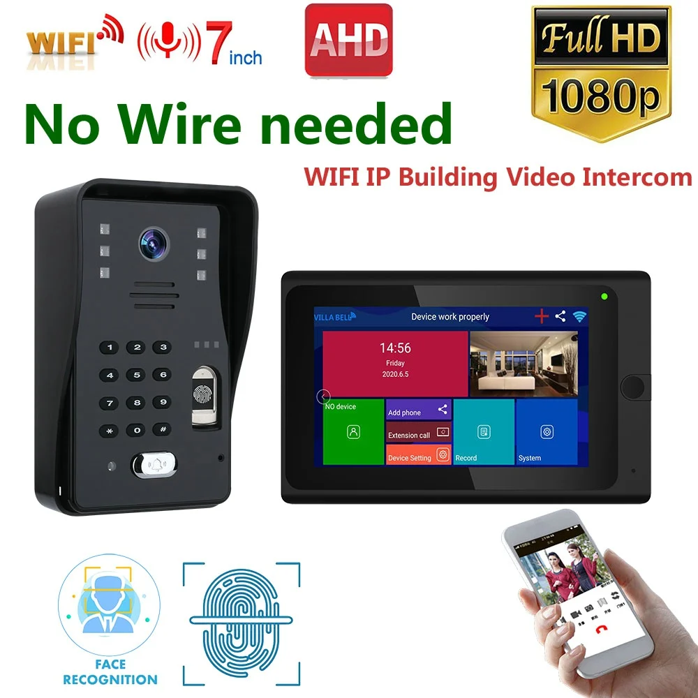 Wireless WIFI Video Door Phone Doorbell IP Intercom System1080P AHD Camera 500 fingerprints500 Face Recognition unlock