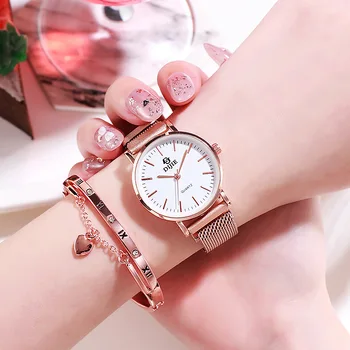 

Women Watch and bracelet set 2020 Simple Ladies Quartz Watch Wristwatch and Bangle Magnet Mesh Stainless steel Band Relogio