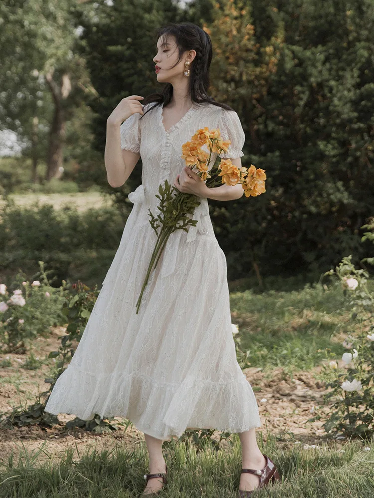 

Literature And Art Retro Flounced Elegant Fairy Skirt Lace Dress