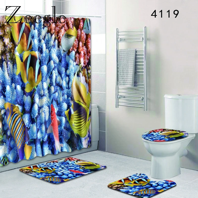 Zeegle Shower Curtain and Bath Mat Set Anti-slip Bath Mat Sea World Soft Mat for Toilet Decoration Pedestal Rug Lid Toilet Cover