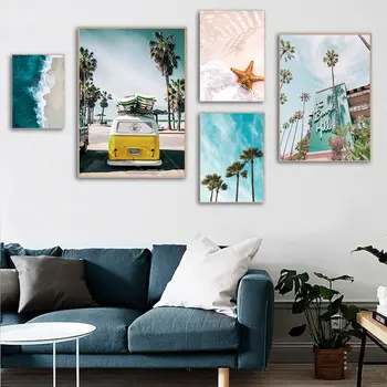 

Tropical Landscape Posters Beach Bus Canvas Painting Palm Tree Wall Prints Scandinavian Wall Pictures For Living Room Decor