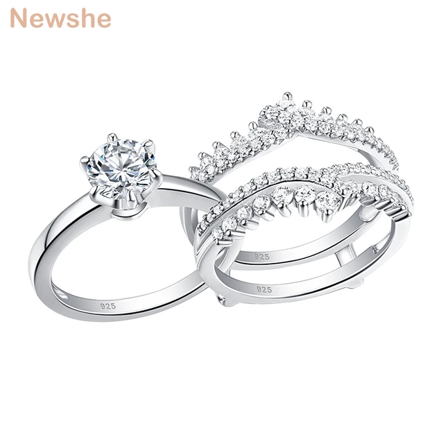 Newshe 2 Pcs 925 Sterling Silver Wedding Rings Set For Women Solitaire Engagement Ring Detachable Guard Band AAAAA Zircon BR0910 1