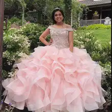 Розовые бисерные кристаллы ярусы Бальные Выпускные платья из органзы Пышное Бальное Платье Вечеринка сладкий 16 платье