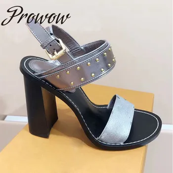 

Prowow New Quality Genuine Leather Metal Studded Summer Sandals Open Toe Comfortable Thick Heel Luxury Sandals Branded