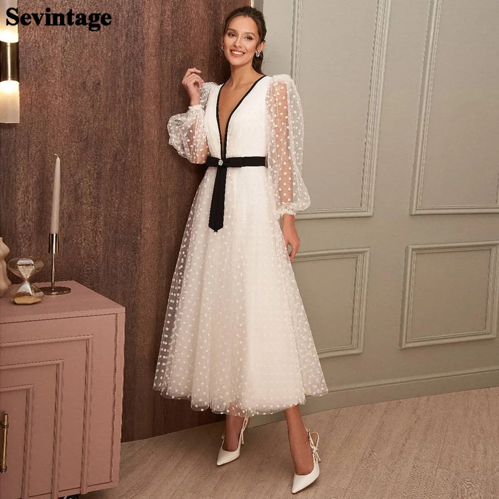 Sevintage Long Puff Sleeve Midi Prom Dresses Polka Dots Ivory Black Evening Party Dress Tea- Length Formal Wedding Prom Gowns