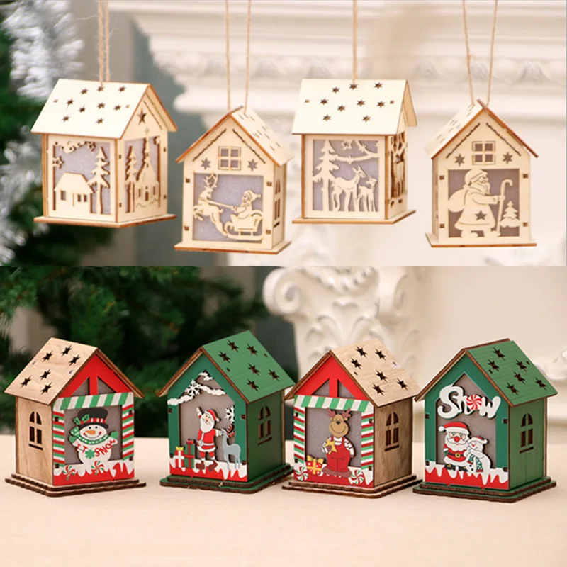 

Home Hanging Ornaments for Christmas Tree Decorations Festival Led Light Wood House For Holiday Nice Xmas Gift Wedding Navidad