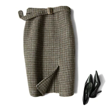 Высококачественная шерстяная двухсторонняя длинная клетчатая юбка для женщин, Осенняя шерстяная юбка с поясом, темпераментная Офисная Женская юбка, Женская юбка K269