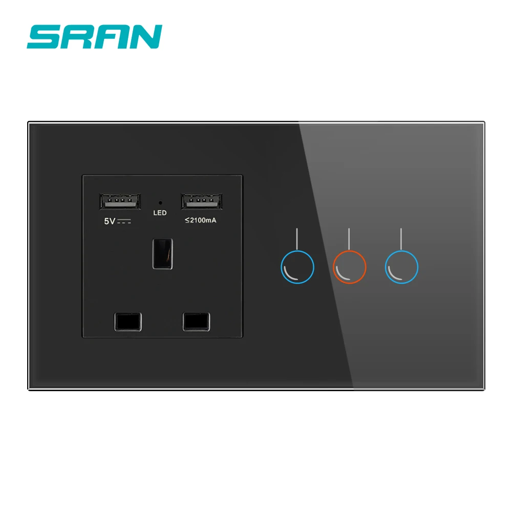 Black 3 Gang 1 Way SRAN UK 13A Розетка с usb и переключателем 1 комплект 1 способ сенсорный светильник переключатель стеклянная панель 146*86 мм аксессуары для украшения Умного Дома - Цвет: Black 3 Gang 1 Way