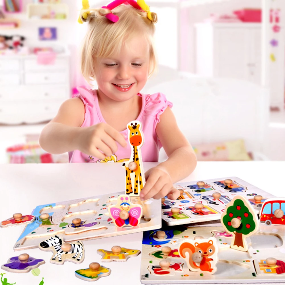 Cartoon Animal Car Wooden Peg Puzzles Board Toddler Preschool