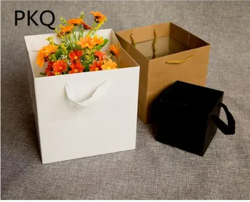 

New Arrival Square Portable Gift Bags with Handles Small Kraft Paper Flower Containing Bags Food Packaging Shopping Bags 10Pcs