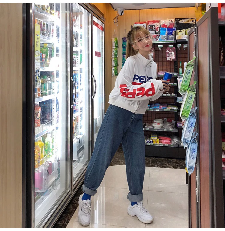 Pepsi шаблон короткий балахон женское платье маленький Высокий воротник тонкий разрез на молнии обрезанная куртка Пепси свободные топы женские