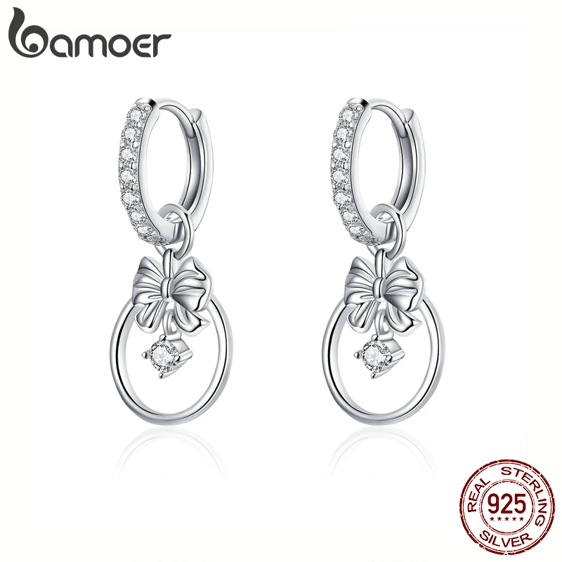 

bamoer Silver 925 Jewelry Clear CZ Bowknot Dangle Drop Earrings for Women Wedding Statement Jewelry 2020 New Brincos BSE332