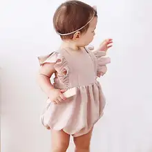 Dziewczynek pajacyki letnia solidna kolorowa bawełniana pościel Ruffles Fly bez rękawów niemowlę dzieci Climb odzież kombinezony 3-24M