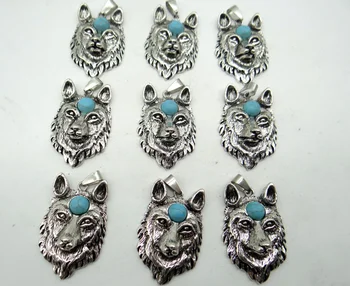

Natural Stone Turquoises Quartz crystal Antiek Zilver Zinklegering Wolf head Pendant for diy making necklace Accessories5pcs