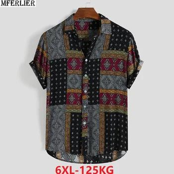 

new summer men plaid Hawaii beach shirt short sleeve plus size 6XL vintage shirt pockets print cotton shirt loose 54 56 58 green