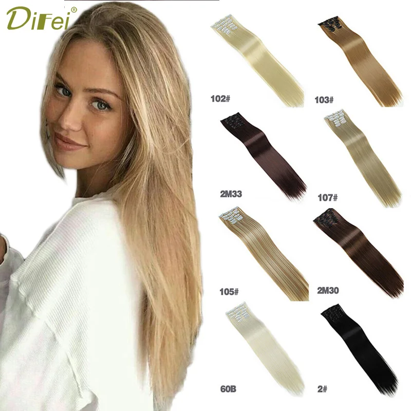 DIFEI блондинка длинные пряди для наращивания волос 6 шт./компл. из 16 клипс, 22-дюймовый Синтетические пряди для наращивания волос для Для женщин