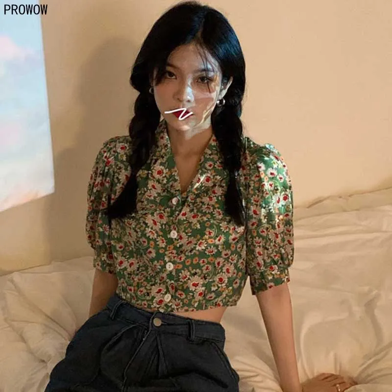 Green Floral Puff Sleeve Tops Women 2020 Summer New Retro Boho Leisure Shirt Korean Elegant Sweet Shirt Tops Lady