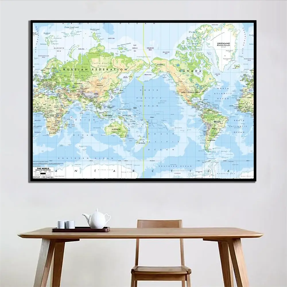 A2 Size The World Map Mercator Projection Fine Canvas Non-Smell Wall For School Office Classroom Decor | Канцтовары для офиса и