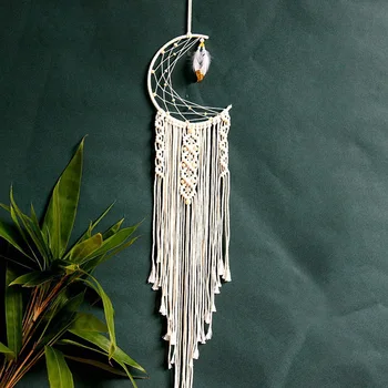 

Home Boho Wall Decor moon feather Handmade Cotton rope macram tassel woven long tapestry Wall hanging living room background
