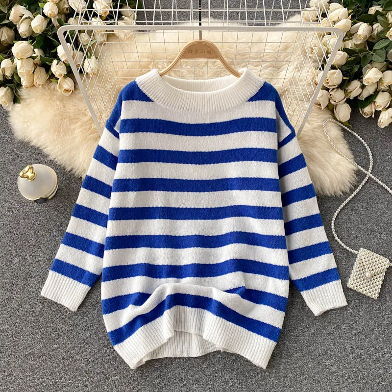 

Retro Stripe Knitting Sweater Female Korean College Style Casual Loose Knit Tops Autumn Winter Fashion Warm Pullovers
