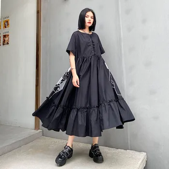 

Johnature 2020 New Streetwear Fashion Loose Print Ruffles Dress Summer O-neck Short Sleeve Button Pockets Women Dresses