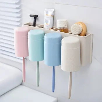 

Wheat Straw Toothbrush Holder With Water Cups Wall Mounted Tooth Brush Organizer With Automatic Toothpaste Dispenser