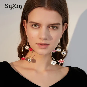 

SuXin 2020 New Fashion Earrings for Women Devil Eye Sexy Lip Pendant Round Large Earring Jewelry Gift