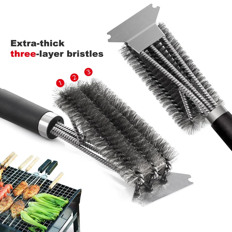 Grill Brush and Scraper - Extra Strong BBQ Cleaner Accessories - Safe Wire Bristles 18Stainless Steel Barbecue Triple Scrubber Cleaning Brush for