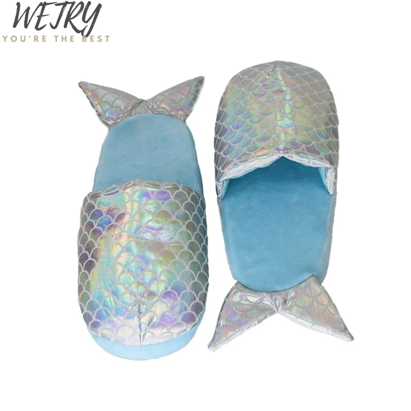 

2020 Customized Blue mermaid tail bedroom slippers Cartoonautumn fox fur slides plush zapatos de mujer fluffy slides
