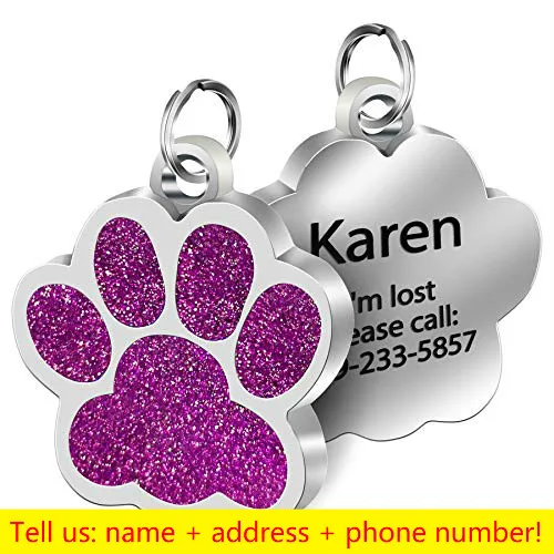Personalized Engraving Pet Cat Name Tags Customized Dog ID Tag Collar Accessories Nameplate Anti-lost Pendant Metal Keyring Dog paw-Purple
