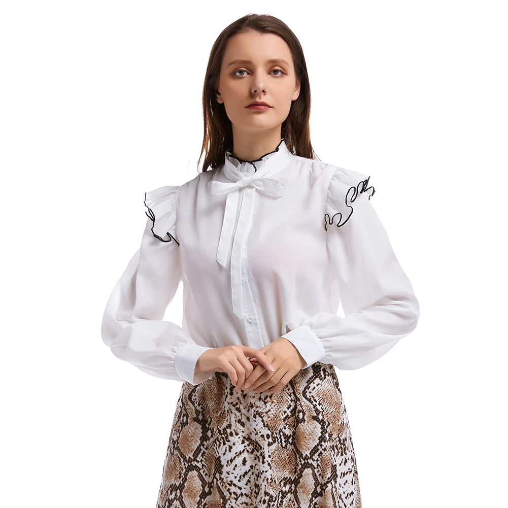 

Bikitique Blouse Round Neck Tie Long Sleeve Contrast Women Commute Tops Formal Chiffon Shirt White Vintage Women Top Bow Ruffle