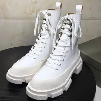 

Plaform Boots Women Metal Shoes Woman Ankle Genuine Leather Women Shoes Lace Up Combat Boots For Women Fashion Botas Mujer Hot