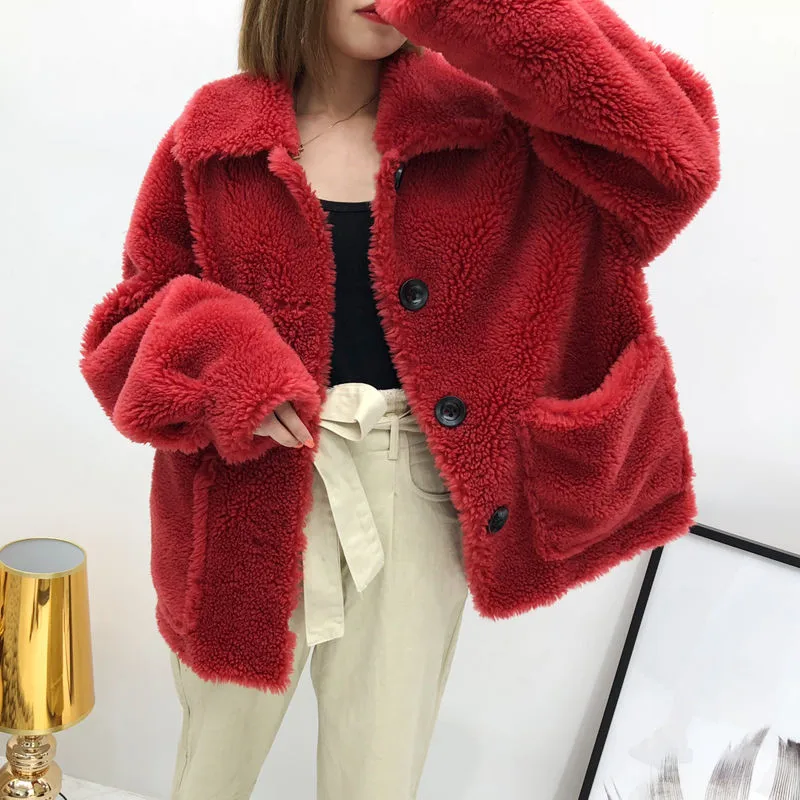 new lamb fur grass coat female student short solid color long-sleeved spring and autumn loose coat