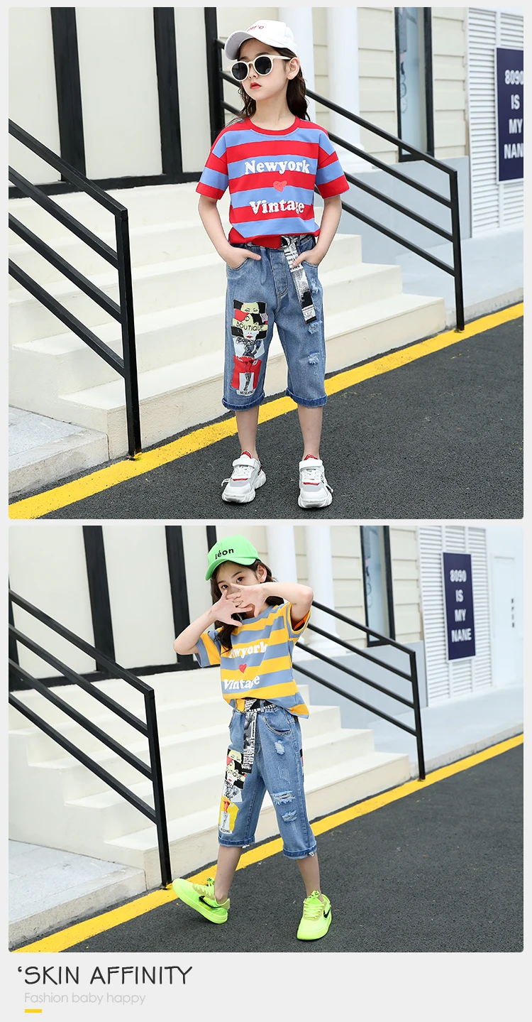 Summer Wear Striped T-Shirt + Distressed Jeans Outfit Street Style Kids Girls 2Pcs Clothes Set Kids Girl Clothing Set For Kids