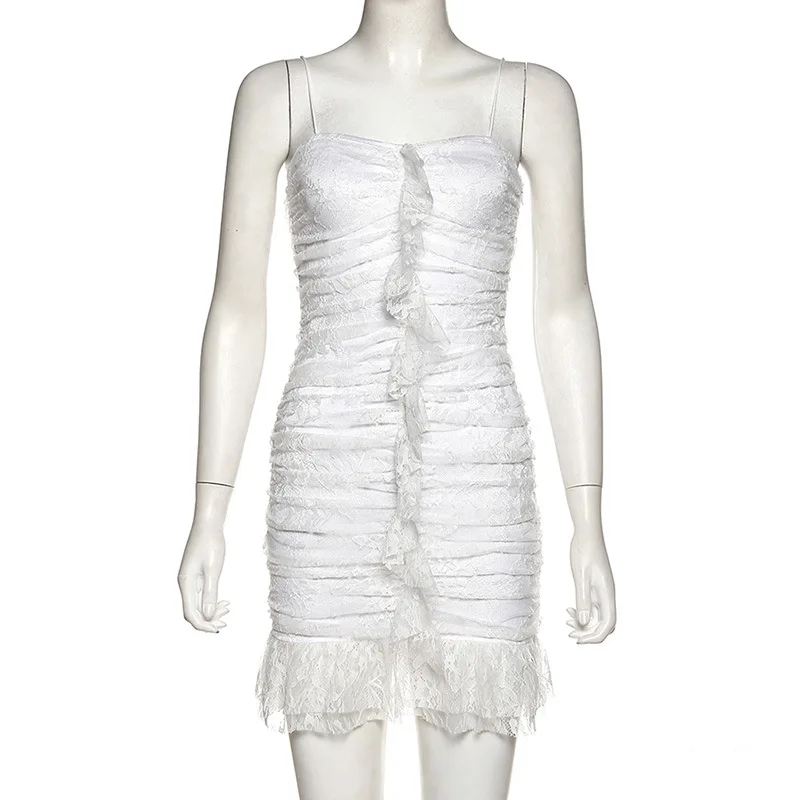

Elegant White Women Summer Dress 2020 Casual Strapless Spaghetti Strap Dresses Slim High Waist Womens Clothing Lace Patchwork