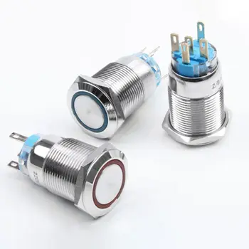 

19mm 12V 24V 220V LED ON/OFF Silver Waterproof Self-locking Momentary Latch Push Button Flate Switch Car Switch G99F