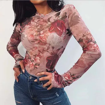 

Women Jumpsuit Long Sleeves Print Women's Bodysuit Sexy Slim O-neck Tops Chiffon Perspective Summer Jumpsuits Tops Body Mujer