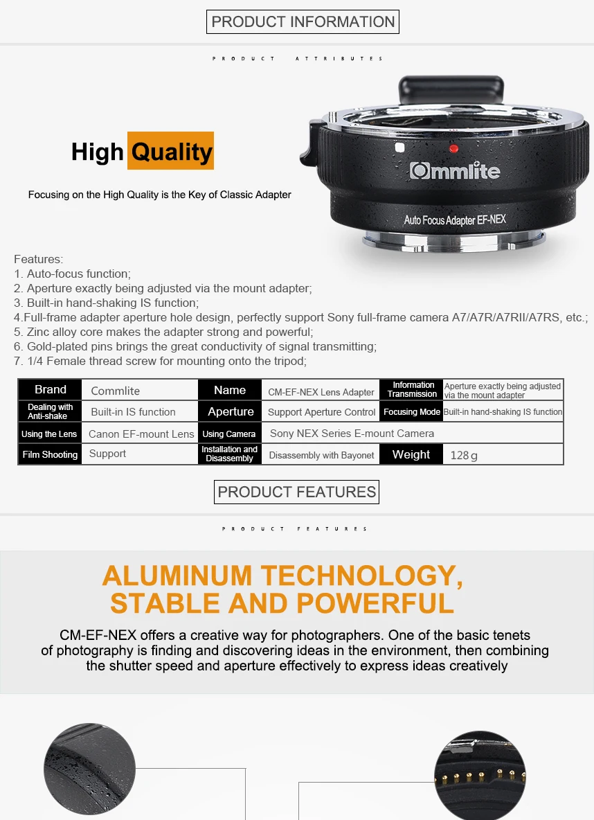COMMLITE CM-EF-NEX адаптер для крепления объектива с автофокусом для объектива Canon EF для крепления камер sony NEX