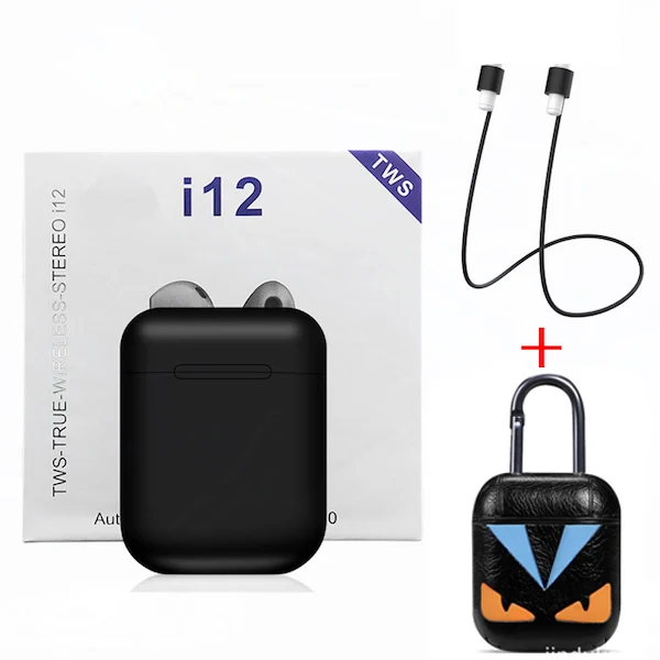 Black - Leather case Беспроводные Bluetooth наушники i12 TWS спорт телефон Bluetooth 5,0 наушники с наушниками аксессуары чехол для i7s i10 i13 i30 i20 TWS - Цвет: Black - Leather case