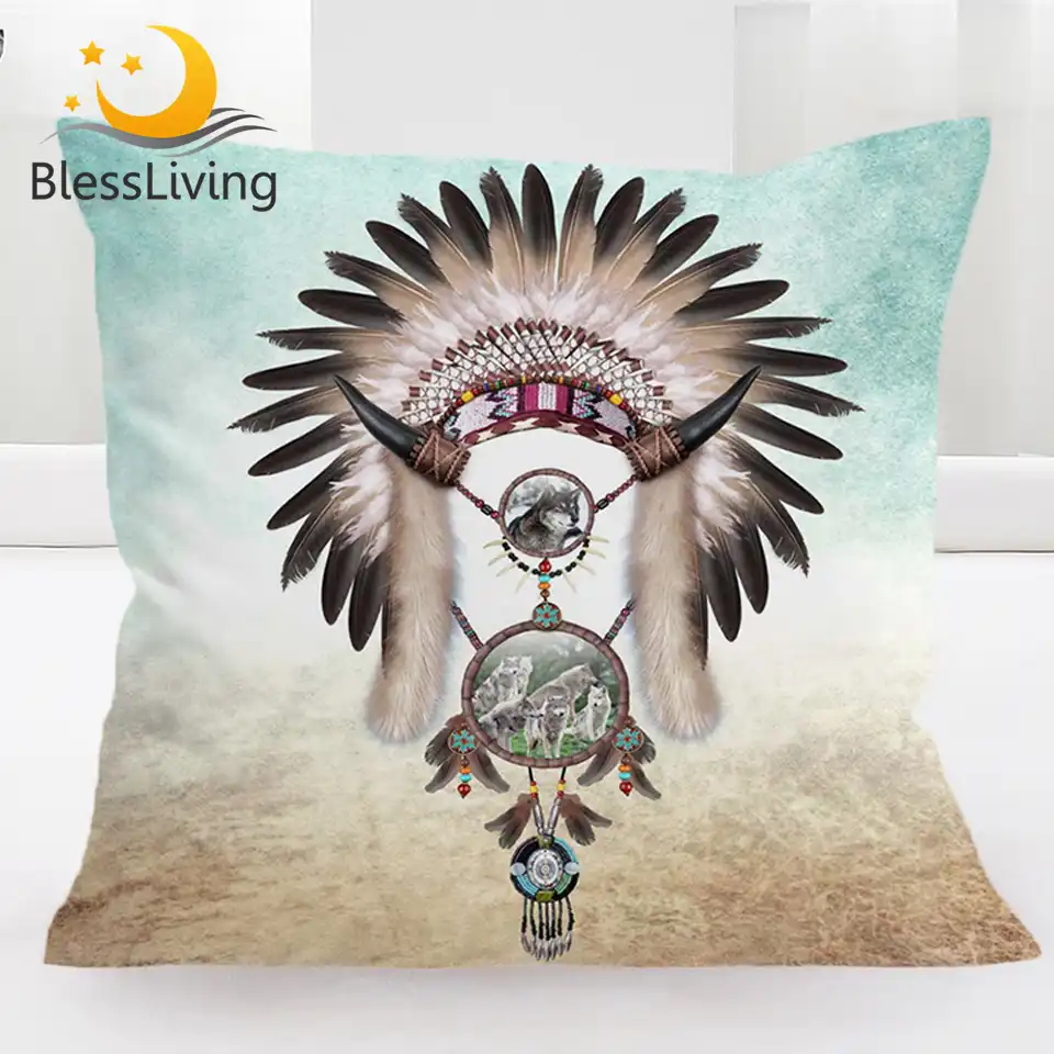 Blessliving Wolf Dreamcatcher Cushion Cover Feather Bead Pillow