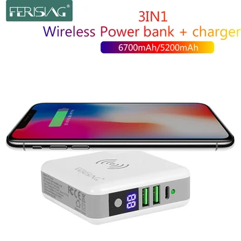 

FERISING 6700mAh/5200mAh Wireless Mini LED Display Power Bank 3in1 Portable Polymer Battery QI Type-C USB C Charger Powerbank