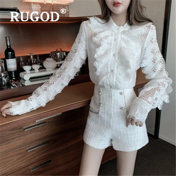 

RUGOD Elegant office ladies white blouse Fashion solid lace patchwork long sleeve spring party women shirts Vintage white tops