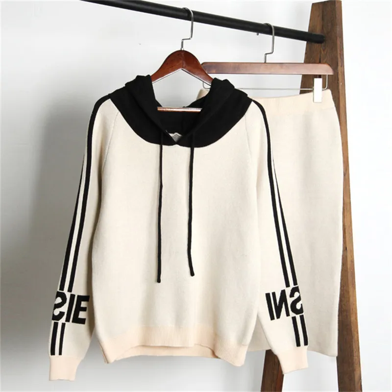 

Female Two piece Set Hooded Sweater + Skirt Sets Fashion Autumn 2 Piece Casual Tracksuits Colorblock High Street Matching Sets