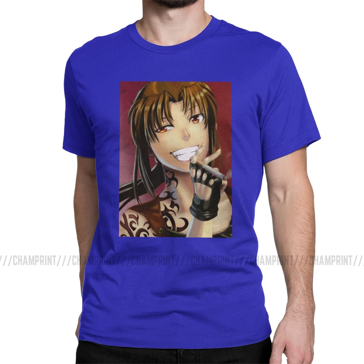 Винтажная Мужская футболка Badass Revy с круглым вырезом, хлопок, футболка Black Lagoon, аниме, короткий рукав, футболка размера плюс, одежда - Цвет: Синий