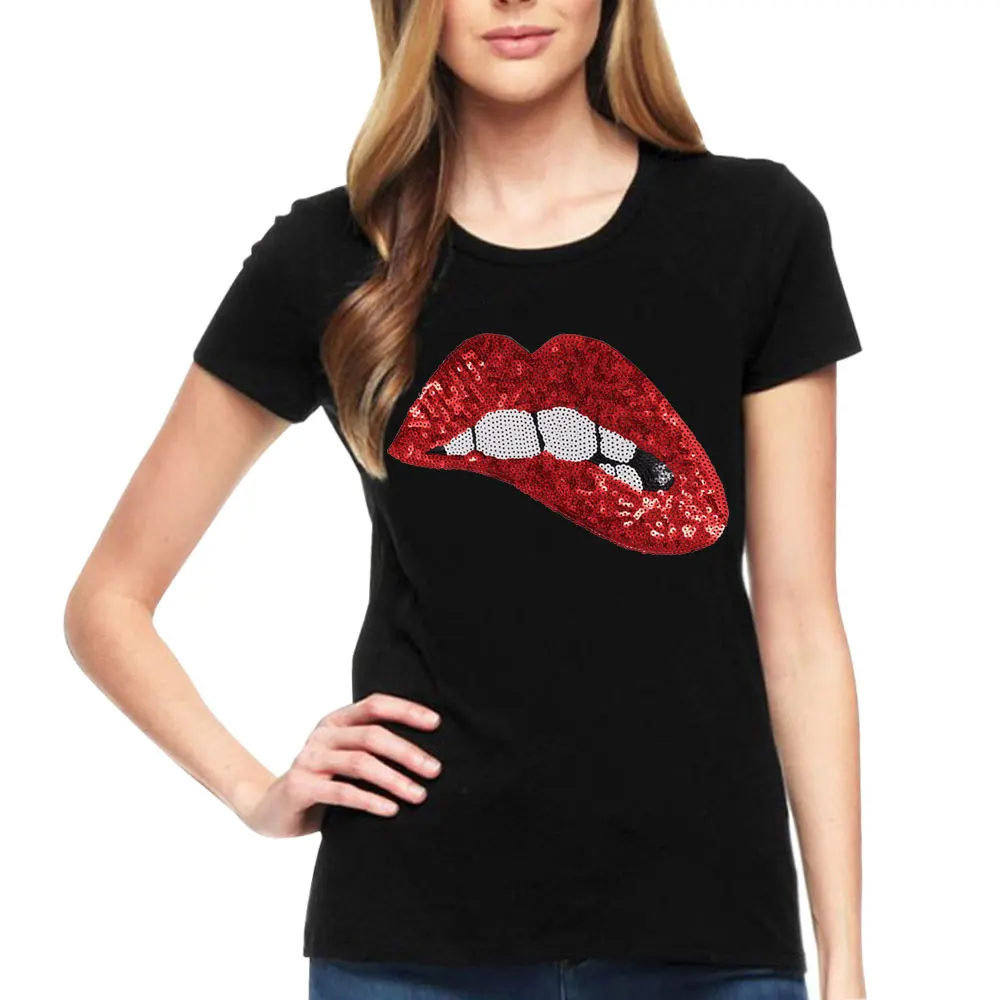 

Women Summer Female Tops Tees Fashion Sexy Sequins Lip Embroidery t shirt Casual Cotton Short Sleeve Brand Round Neck tshirts