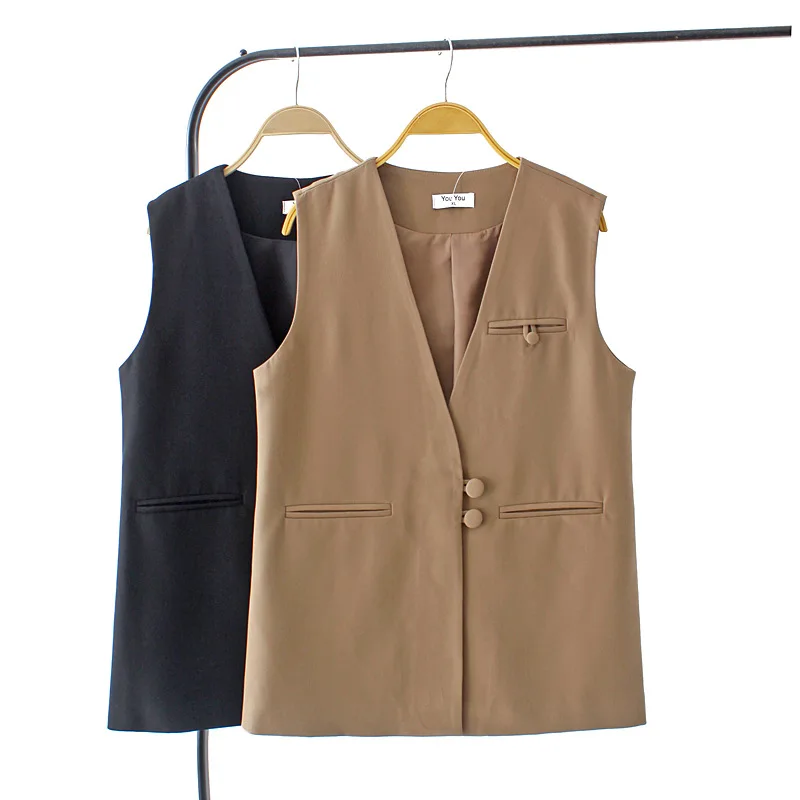 Plus Size Sleeveless Vest Women Clothing 4xl Temperament V-Neck Coat Autumn Two Button Pockets Outewear