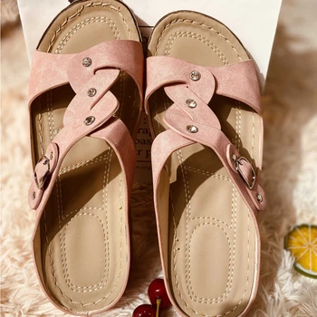 

Women's Cross Braided Thick Bottom Vintage Slipper Anti-Slip Open Toe Wedge Heel Breathable Rhinestones Slippers