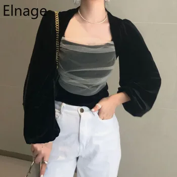 

Elnage Lace Mesh Patchwork Stitching Slim Fit Velvet Tops Black Puff Long Sleeve Blouse Shirts for Women Vintage Blusas 5A270